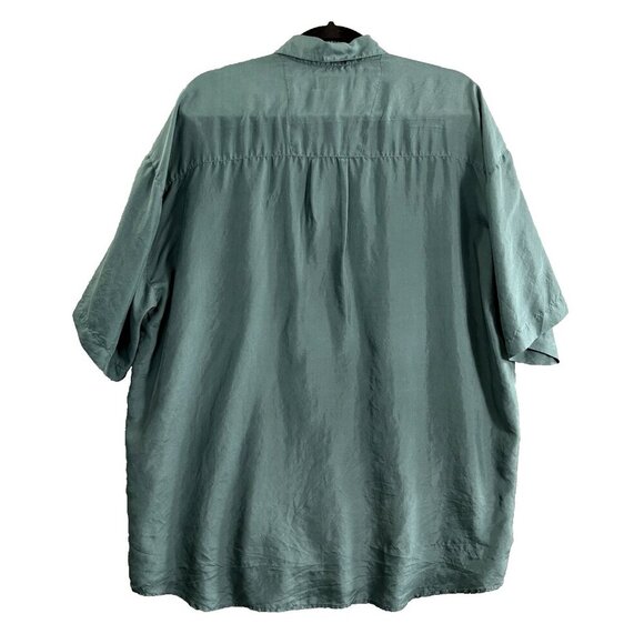 100% SILK Shirt Men Size M Green City Streets Button Down Short Sleeve 9-17 - Picture 2 of 13